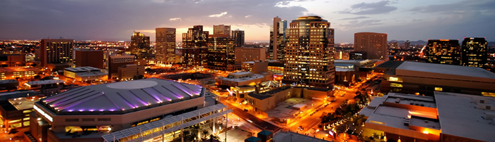 Ariel image of downtown Phoenix at dusk Ariel image of downtown phoenix at dusk
