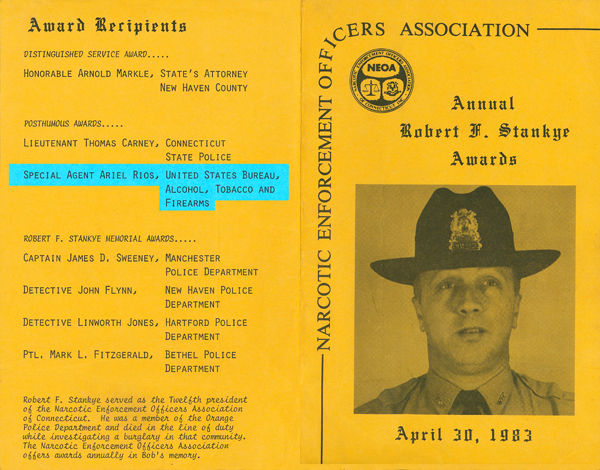 Image of the Narcotic Enforcement Officers Associations Annual Robert Stankye Awards ceremony program highlighting Agent Rios as a recipient of a posthumous award.