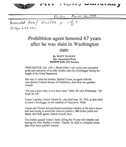 Image of ATF News Summary, titled: Prohition agent honored 67 years after he was slain in Washington state