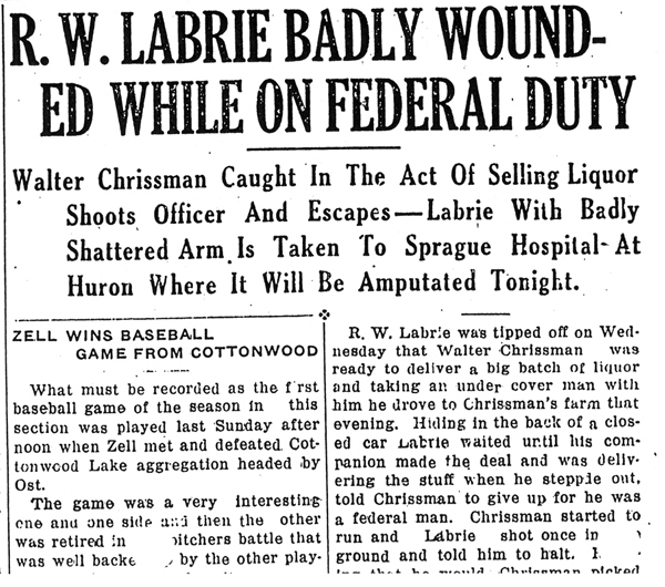 Image of a newspaper article with headline R W Labrie Badly Wounded While on Federal Duty