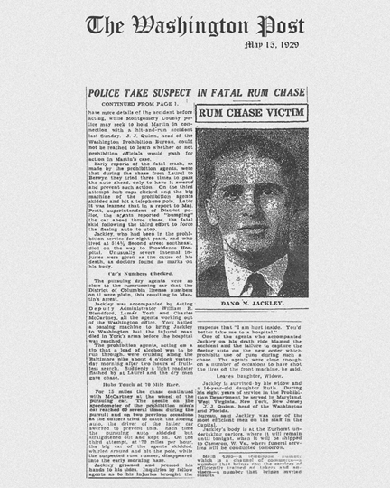 Image of The Washington Post newspaper article, dated May 13, 1929, with headline, Police take Suspect in Fatal Rum Chase