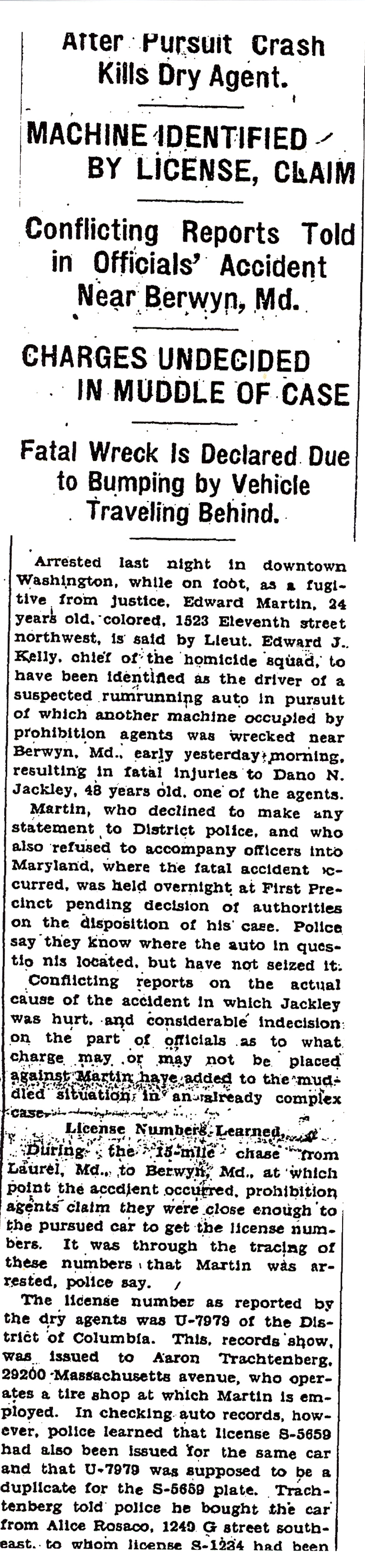Image of newspaper article with headline, Fatal Wreck is Declared Due to Bumping by Vehicle Traveling Behind
