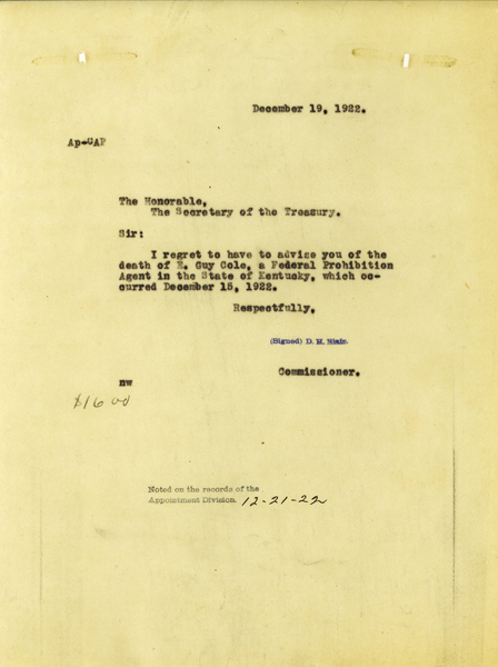 Telegram announcing the death of E Guy Cole