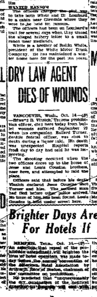 Image of newspaper article with title: Dry Law Agent Dies of Wounds