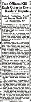 Image of newspaper article with headline: Dry Agent Killed in Revolver Duel