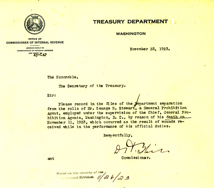 Telegram announcing the death of George Stewart