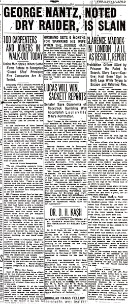 Image of a newspaper article with headline, George Nantz, Noted Dry Raider, is Slain