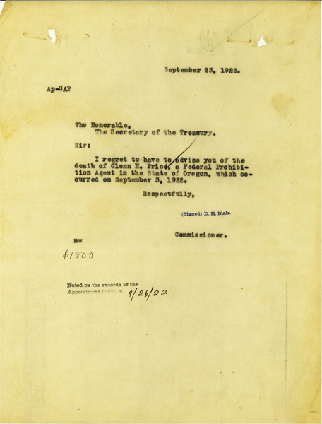 Telegram announcing the death of Glenn Price