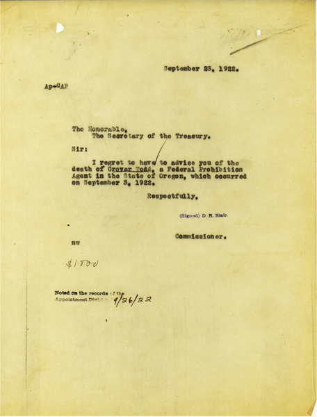 Telegram announcing the death of Grover Todd