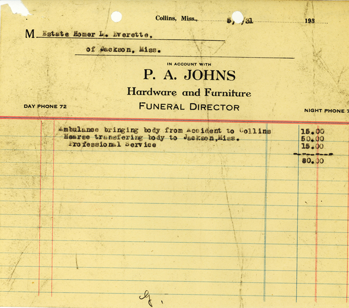 Bill - Funeral Director Bill for Professional Services - Transferring of the body of Homer Everett