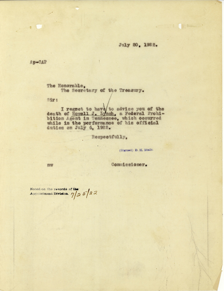 Telegram announcing the death of Howell Lynch