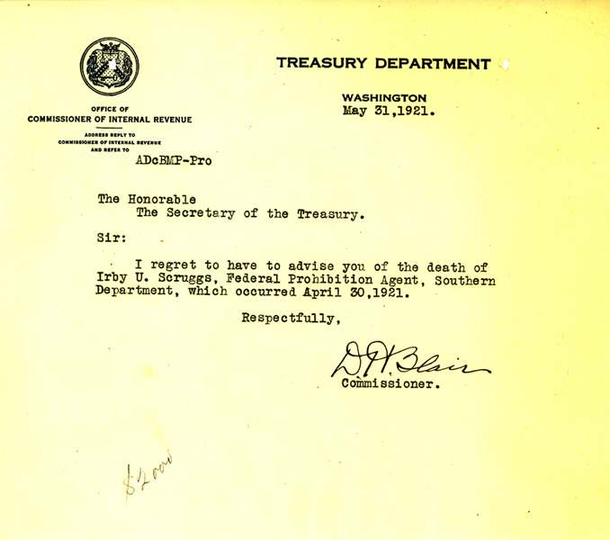 Letter announcing the death of Irby Scruggs.