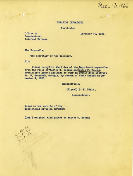 Image of a telegram regarding the death of Jacob P Brandt