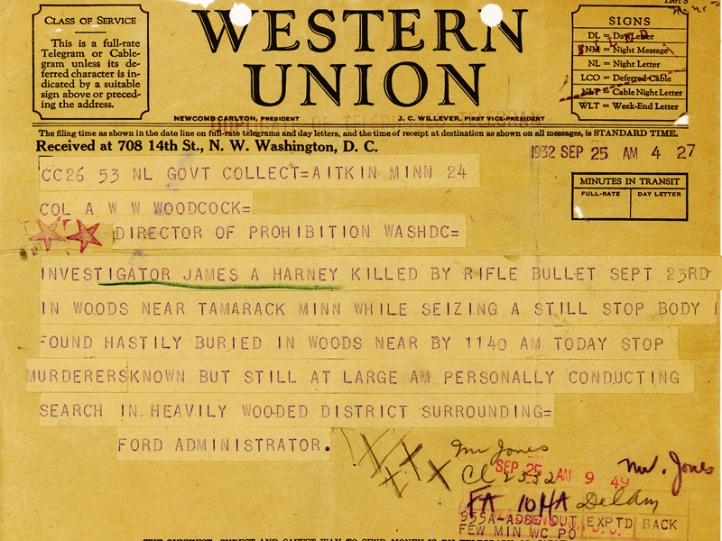 Image of telegram regarding the death of Investigator James Harney