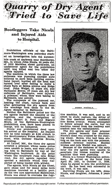 Image of a newspaper article with the headline, Quarry of Dry Agent Tried to Save Life