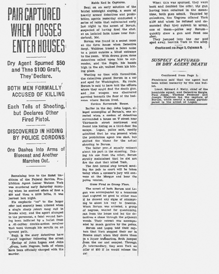 Image of a newspaper article, with the headline, Pair Captured When Posses Enter Houses