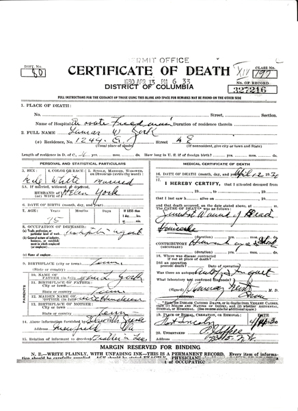 Image of Lamar W. York's certificate of death