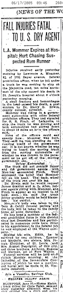 Image of Newspaper article with headline, Fall Injuries Fatal to U.S. Dry Agent