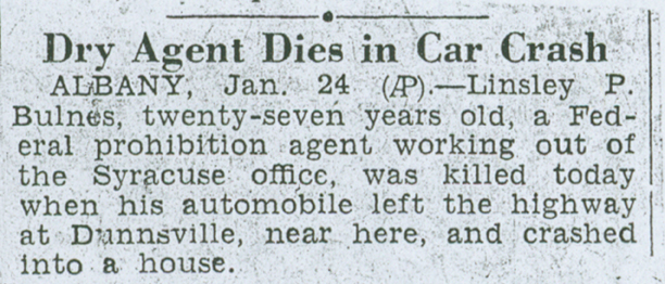 Image of newspaper article with headline: Dry Agent Dies in Car Crash
