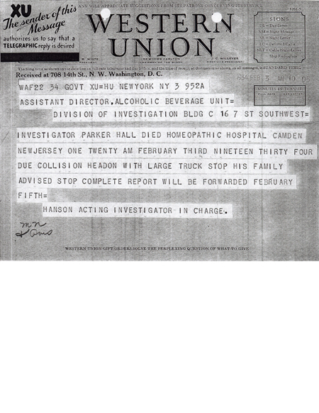 Image of telegram regarding the death of Parker Hall
