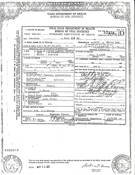 Image of Patrick C. Sharp's certificate of death