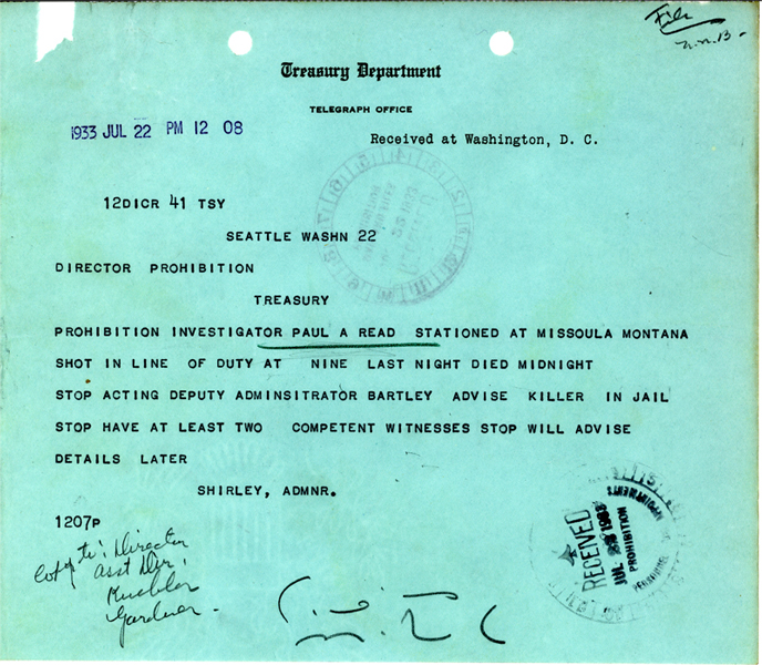 Image of telegram regarding the death of Investigator Paul Read