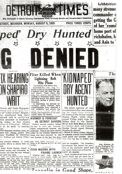 Image of the Detroit Times newspaper article, dated August 5, 1929, with the headline, Kidnaped Dry Agent Hunted