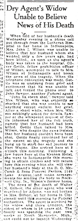 Newspaper article with headline: Dry Agent's Widow Unable to Believe News of His Death
