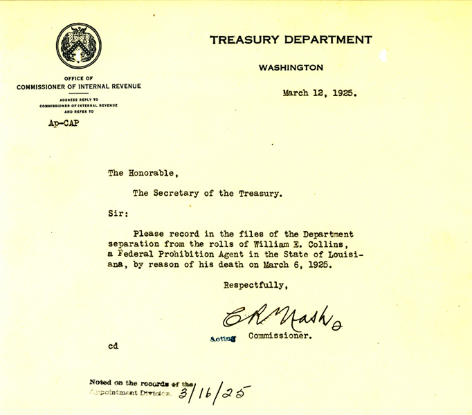 Telegram announcing the death of William Collins