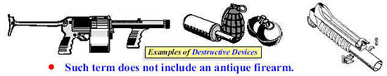 Images of destructive devices, a street sweeper shotgun, grenades and a grenade launcher.