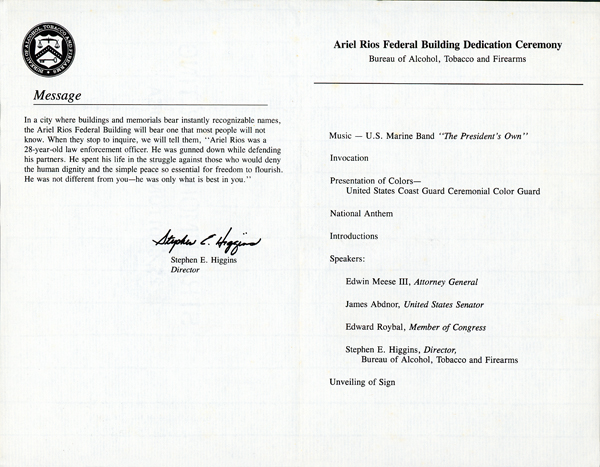 Image of the Ariel Rios Federal Building Dedication Ceremony program - Page 2 &amp; 3