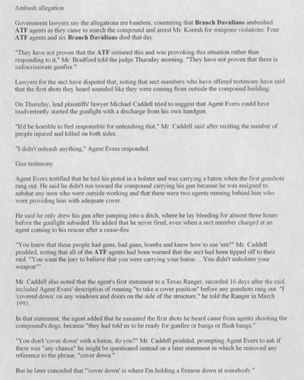 Newspaper article, dated June 30, 2000, with the headline Agents Describe Barrage of Bullets that Started Seige, Government Witnesses Defend Actions (2 of 3)