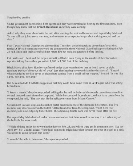 Newspaper article, dated June 30, 2000, with the headline Agents Describe Barrage of Bullets that Started Seige, Government Witnesses Defend Actions (3 of 3)