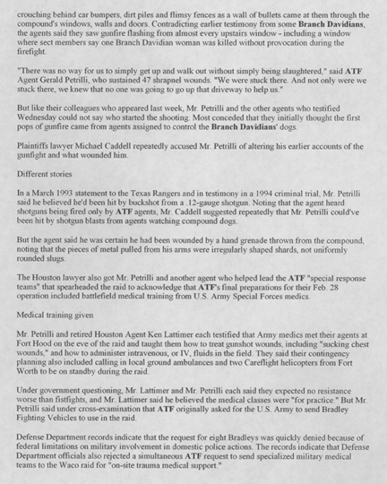 Newspaper article, dated July 6, 2000, with the headline Witness Details Koresh's Militancy - 	Sect Leader Ordered Assembly of Weapons, Predicted Gunfight, ex-Davidians Testifies (2 of 3)