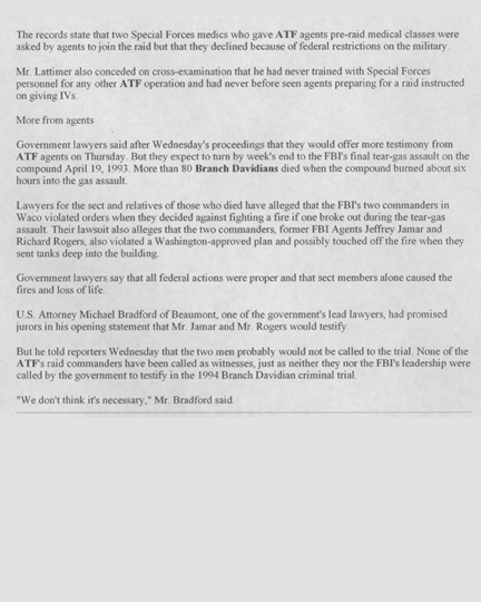 Newspaper article, dated July 6, 2000, with the headline Witness Details Koresh's Militancy - 	Sect Leader Ordered Assembly of Weapons, Predicted Gunfight, ex-Davidians Testifies (3 of 3)