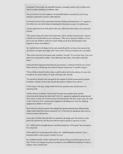 The New York Times article with the headline, Jury Finds for U.S. in Deaths at Waco (2 of 3)
