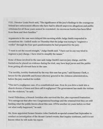 The New York Times article with the headline, Jury Finds for U.S. in Deaths at Waco (3 of 3)