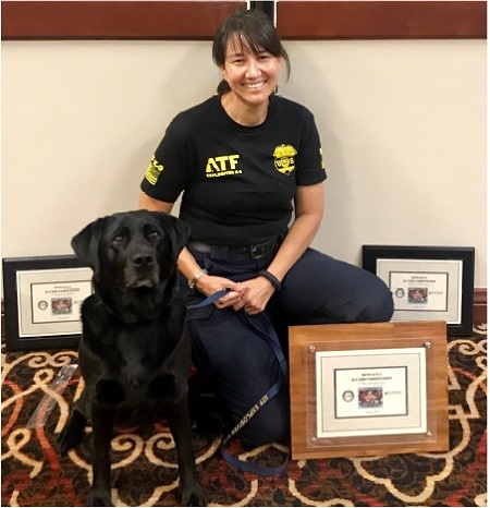 Donna and canine, Brooklyn, pose with multiple awards
