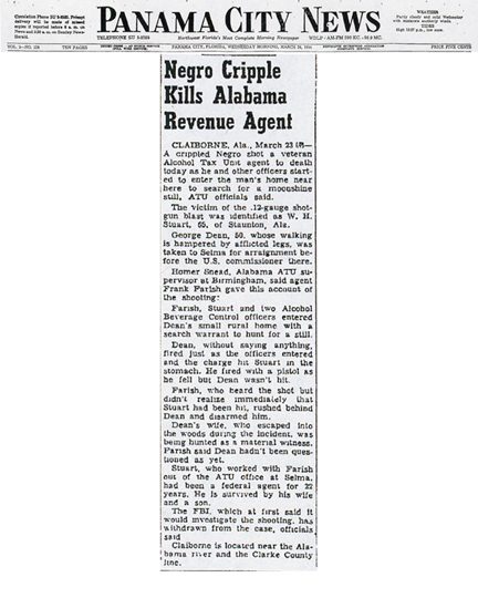 Panama City News article with headline, Negro Cripple Kills Alabama Revenue Agent