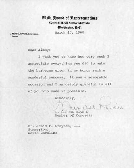 Letter from Congressman L. Mendel Rivers thanking James Grayson, III for the barbecue given in his honor.