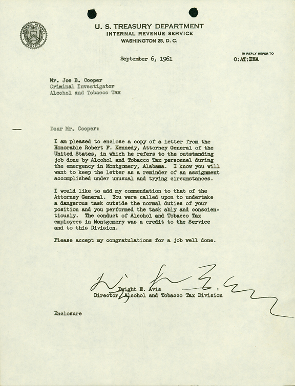 Commendation letter to Joe Cooper from the director of the Alcohol and Tobacco Tax Division, Dwight E Avis