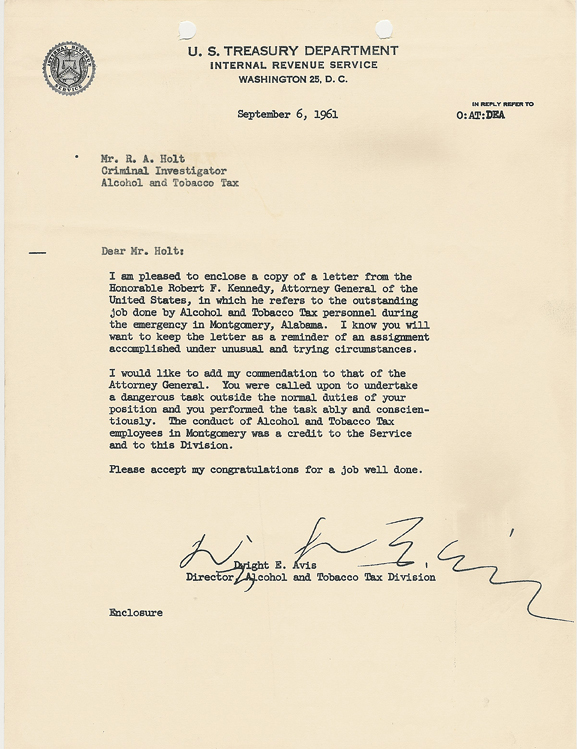Commendation letter to Ralph Holt from the director of the Alcohol and Tobacco Tax Division, Dwight E Avis