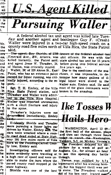 Newspaper article with headline, U.S. Agent Killed Pursuing Waller