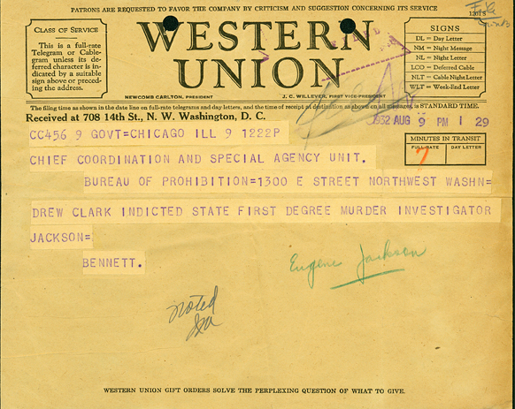 Telegram indicting Drew Clark for the murder of Agent Eugene Jackson