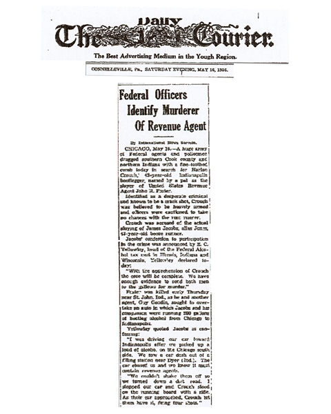 Newspaper article from The Daily Courier, with headline: Federal Officers Identify Murderer of Revenue Agent