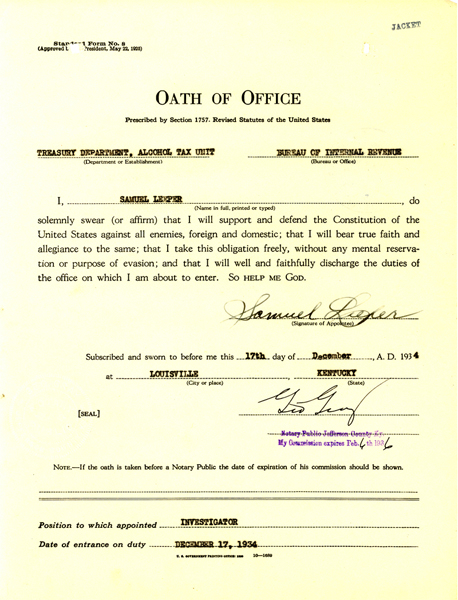 Oath of Office for Samuel Leeper, dated December 17, 1934