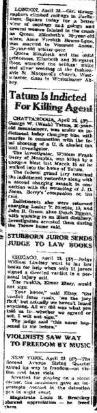 Newspaper article with headline: Tatum Is Indicted for Killing Agent