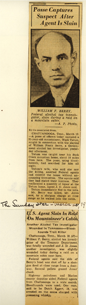 Newspaper article with headline: Posse Captures Suspect After Agent is Slain