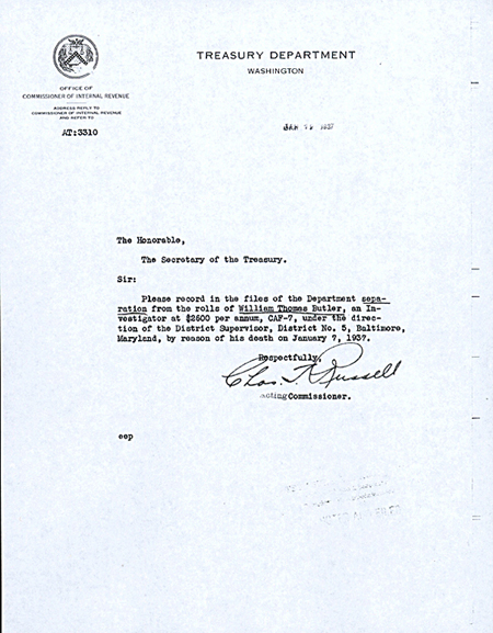 Memorandum to the file removing William Butler from roll