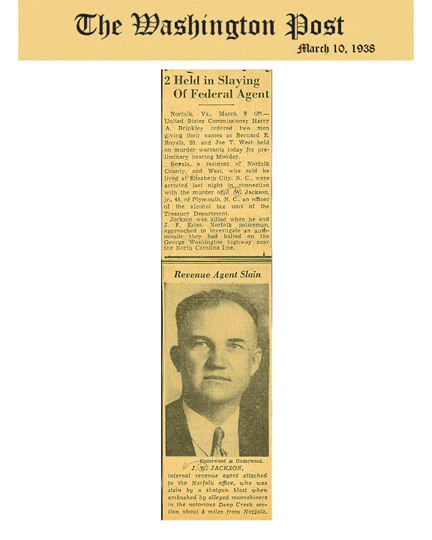 Newspaper article from The Washington Post, dated March 10, 1938, with headline: 2 Held In Slaying of Federal Agent